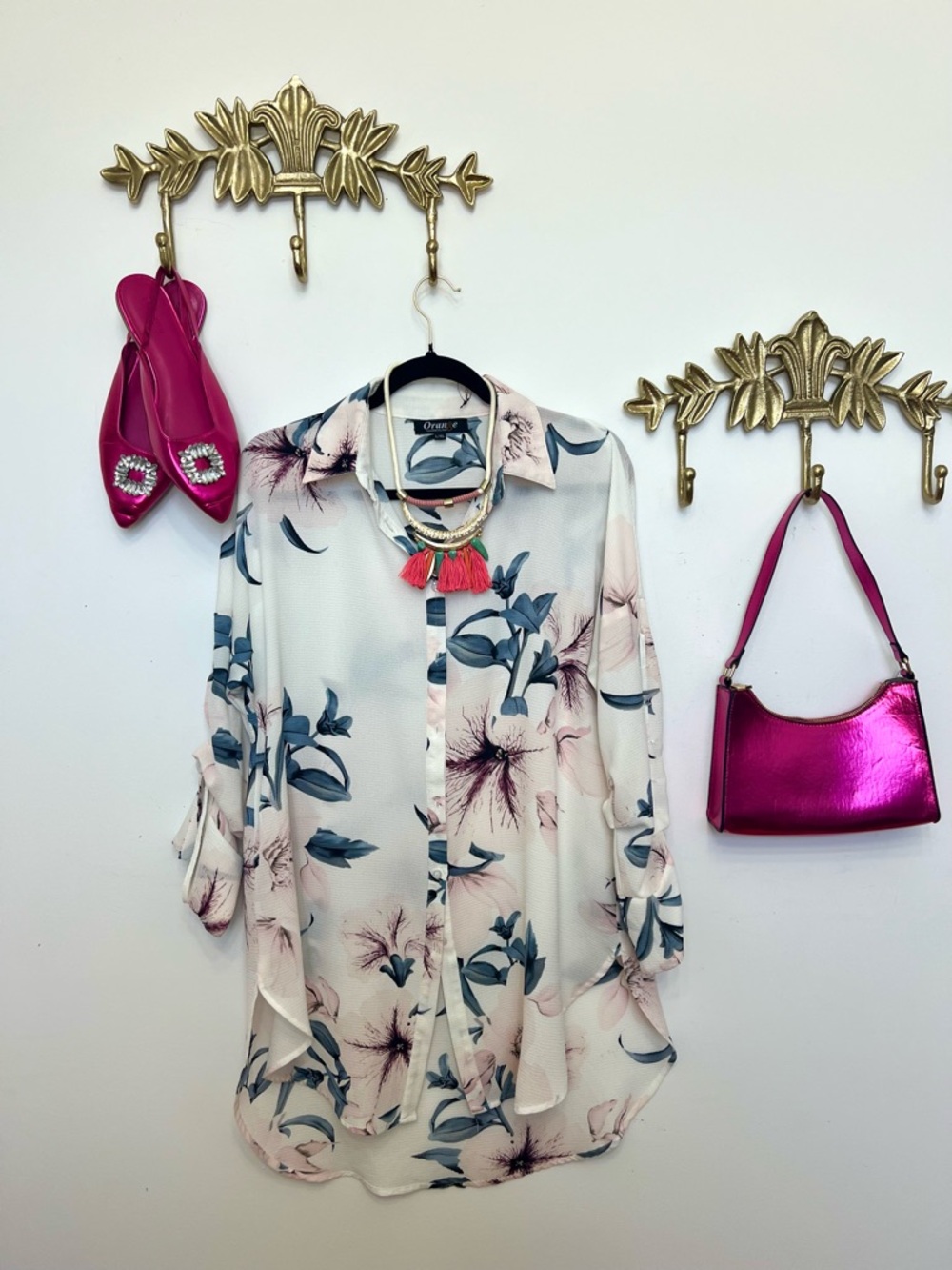 One World Floral Button-Up Blouse in Soft Pink and Blue